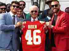 Joe Biden, pictured with Kansas Chiefs stars including Travis Kelce in 2023, skipped the traditional pre-SuperBowl presidential interview, a 15-year-old White House tradition - sparking more fears about his health