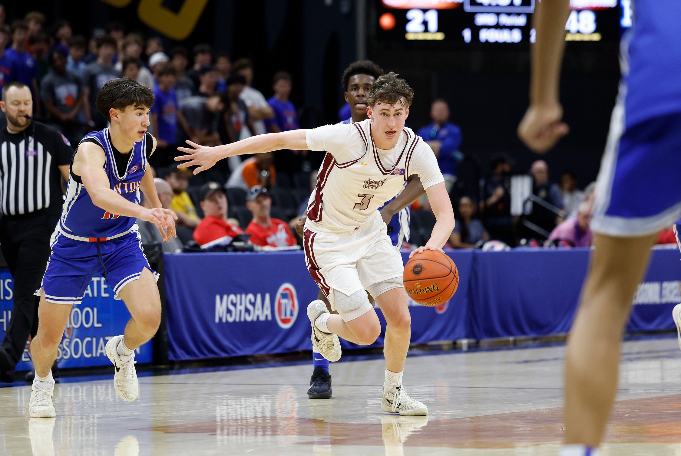 Logan-Rogersville's Chase Branham (3) moves the ball during the Class 4 state championship game against Clayton, Saturday, March 21, 2026, at Mizzou Arena in Columbia, Mo.