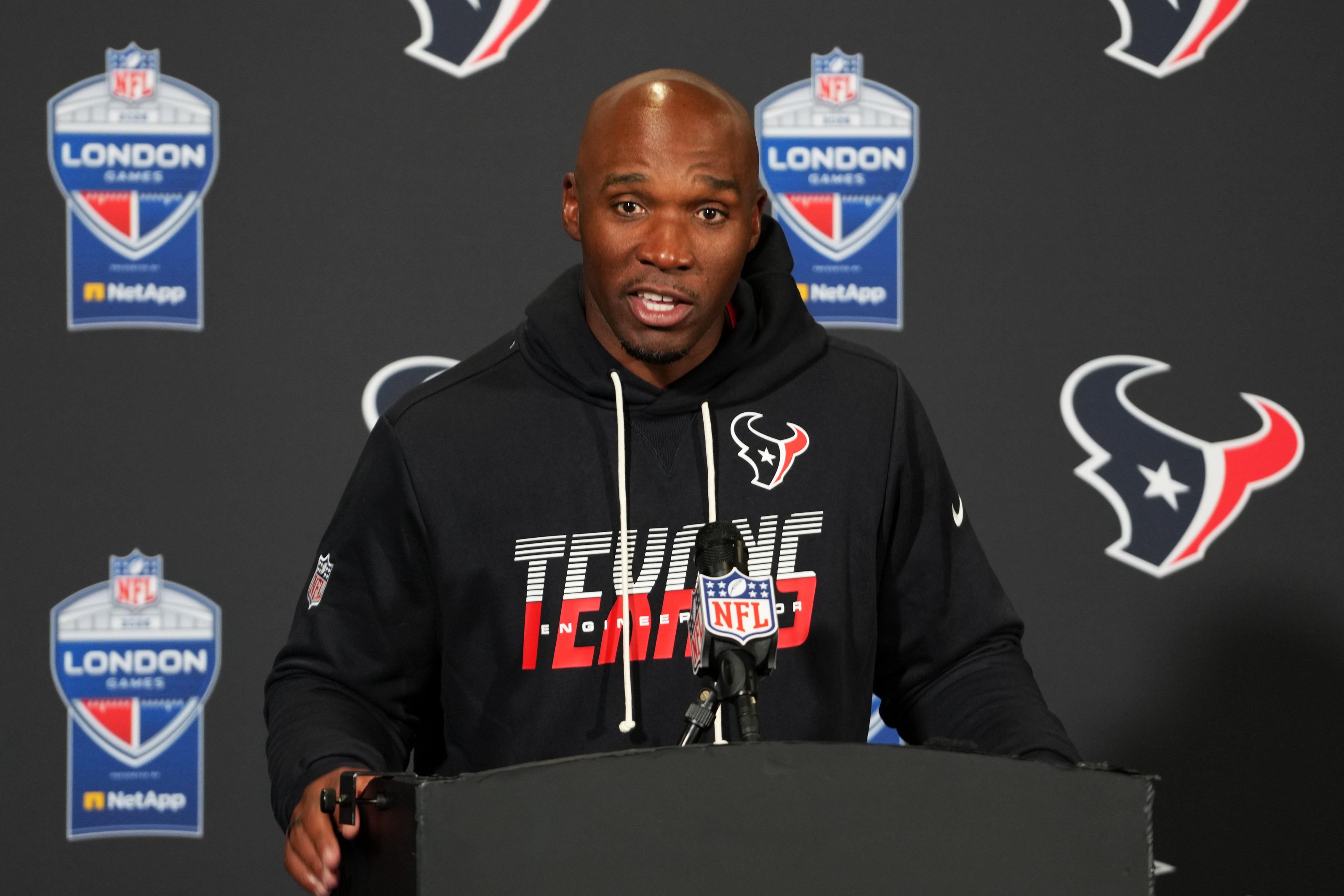Oct 18, 2026; London, United Kingdom; Houston Texans head coach DeMeco Ryans at press conference after the 2026 NFL London Games at Wembley Stadium. Mandatory Credit: Kirby Lee-Imagn Images