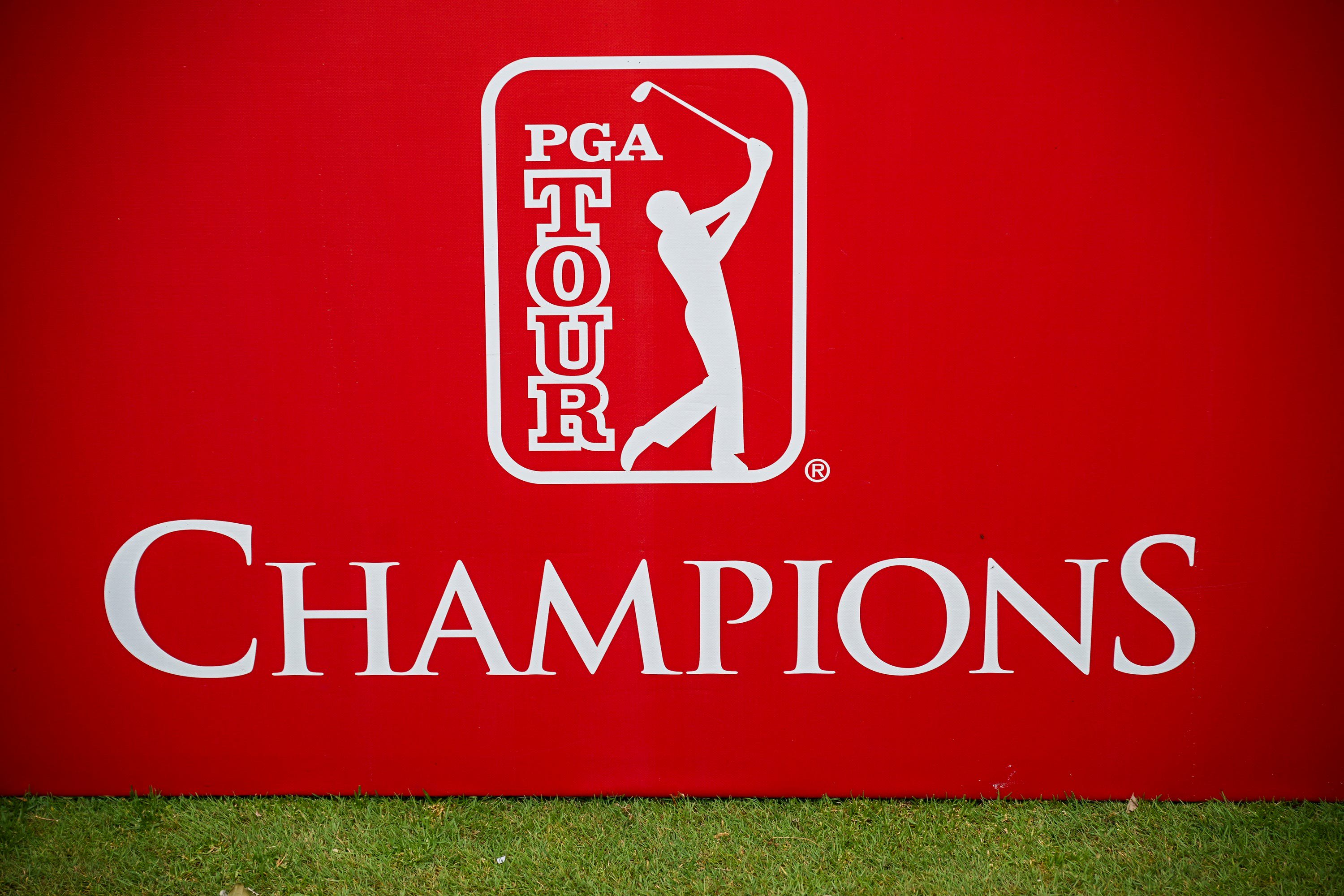RABAT, MOROCCO - MAY 21: Detail of the signage PGA Tour Champions pictured on the golf course prior the first round of the Trophy Hassan II 2026 at Royal Golf Dar Es Salam on May 21, 2026 in Rabat, Morocco. (Photo by Octavio Passos/Getty Images)