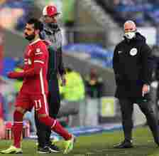 Mohamed Salah of Liverpool substitued during the Premier League match between Brighton & Hove Albion and Liverpool
