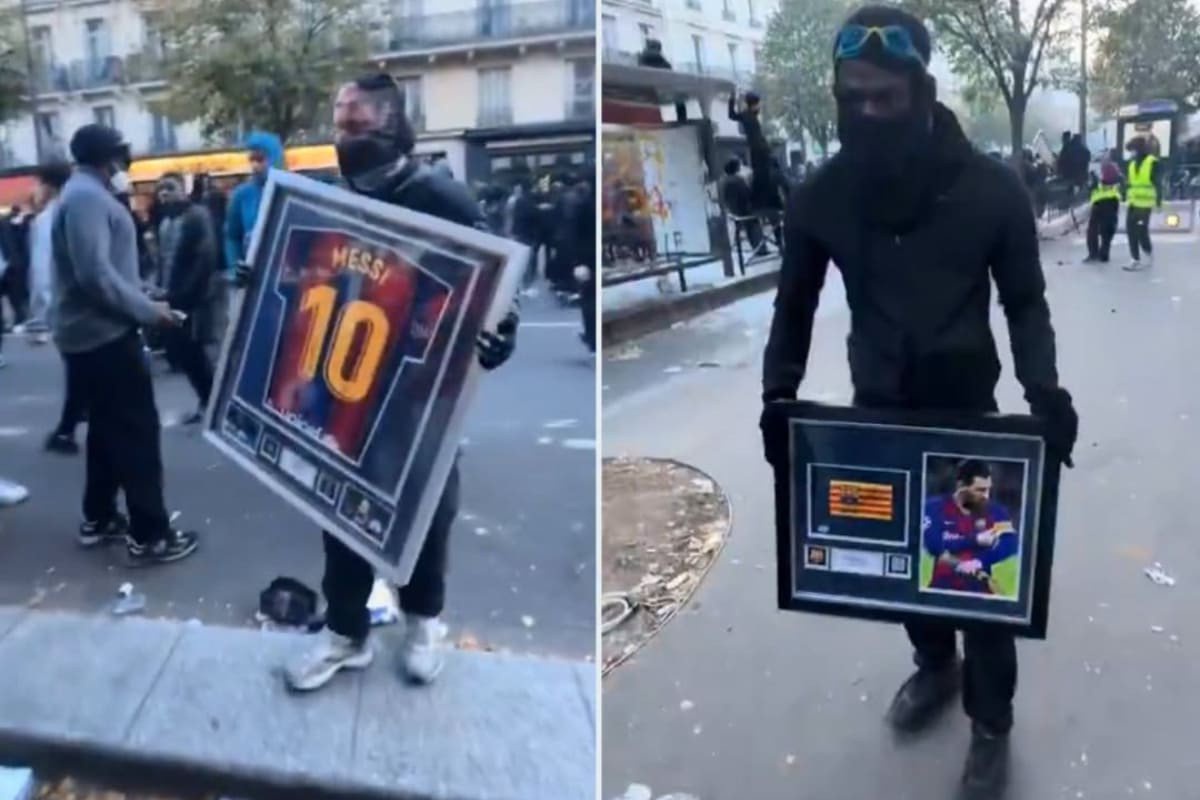 Messi's Barcelona Shirt Spotted in the Streets of Paris During Protests