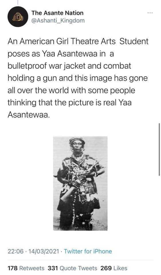 (Fact) Yaa Asantewaa was an Old woman and Never went to war.