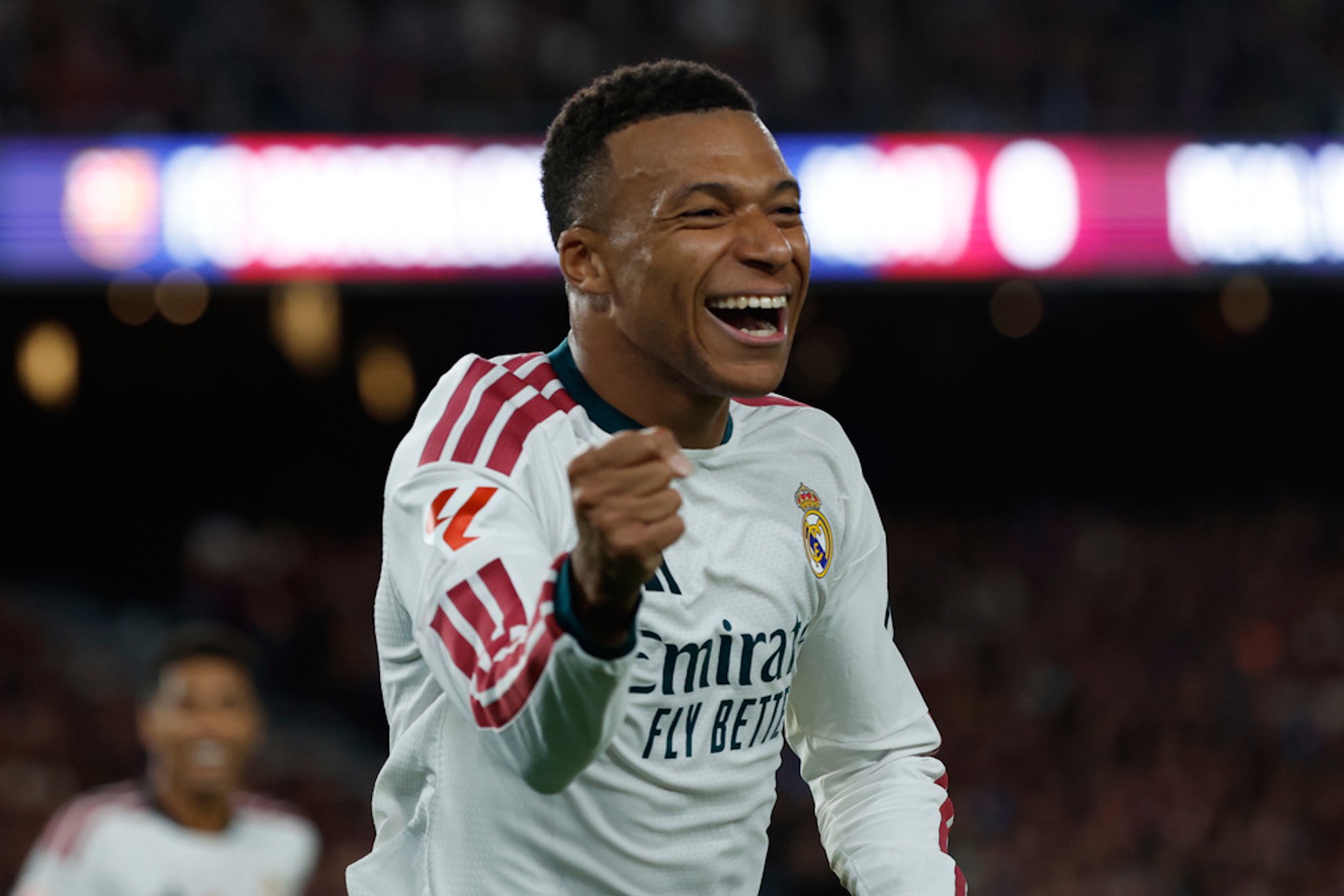 Real Madrid's Kylian Mbappe celebrates after scoring.