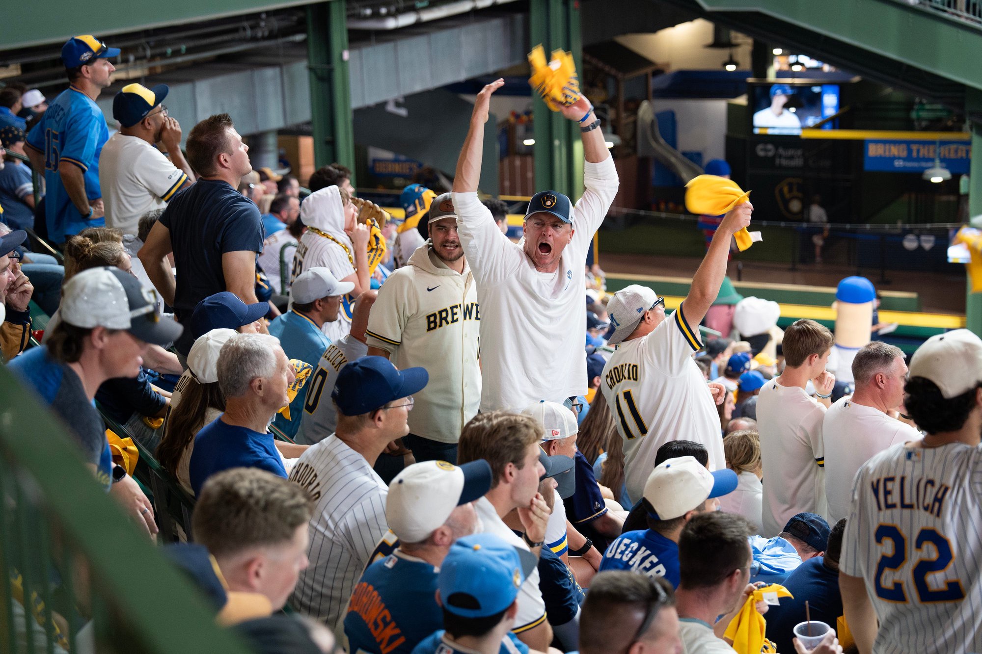 Fans gather at American Family Field for Game 1 of the National League Championship Series between the Milwaukee Brewers and the Los Angeles Dodgers in Milwaukee, Wisconsin. The Brewers beat the Dodgers 2-1.
