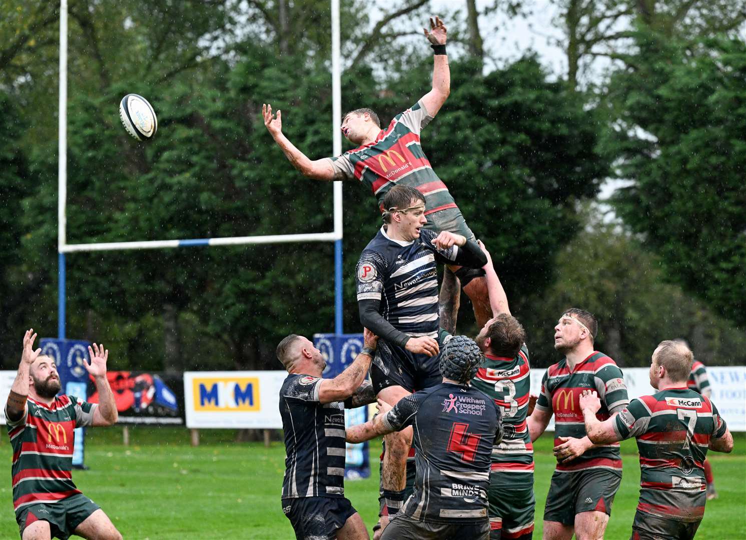 Newark's James Brogden challenges at a line-out against Lincoln in Counties 1 Midlands East. Photo: Iliffe Media/Dave Dawson