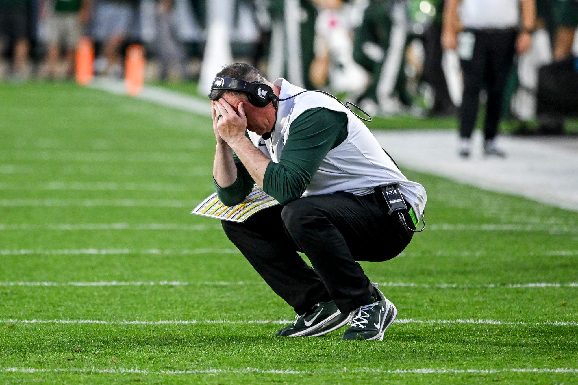 Michigan State’s head coach Pat Fitzgerald reacts after a penalty during the fourth quarter in the game against Illinois on Saturday, Oct. 10, 2026, at Spartan Stadium in East Lansing.