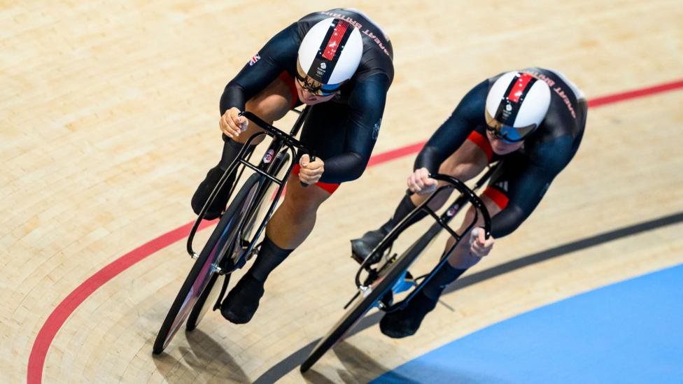 Sophie Capewell and Emma Finucane of Team Great Britain compete during the Women's Team Sprint Final in Paris 2024