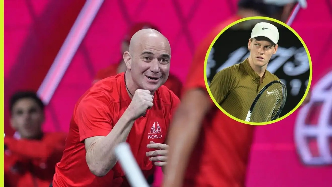 Andre Agassi at the 2026 Laver Cup with an inset of Jannik Sinner.