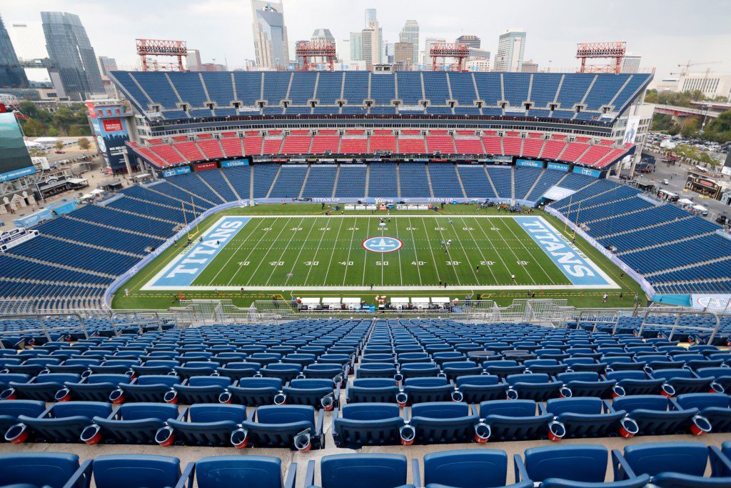 The Tennessee Titans football field and stadium with a city skyline in the background.