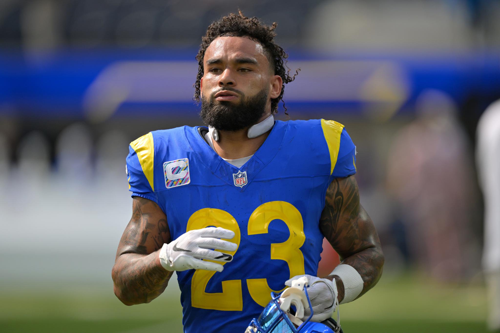 Los Angeles Rams defensive back Ronnie Rivers walks on the field during a game against the Arizona Cardinals.