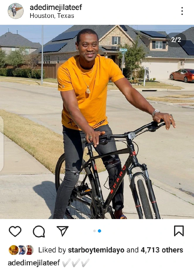 Actor Lateef Adedimeji rides bicycle on street of Texas during holiday season