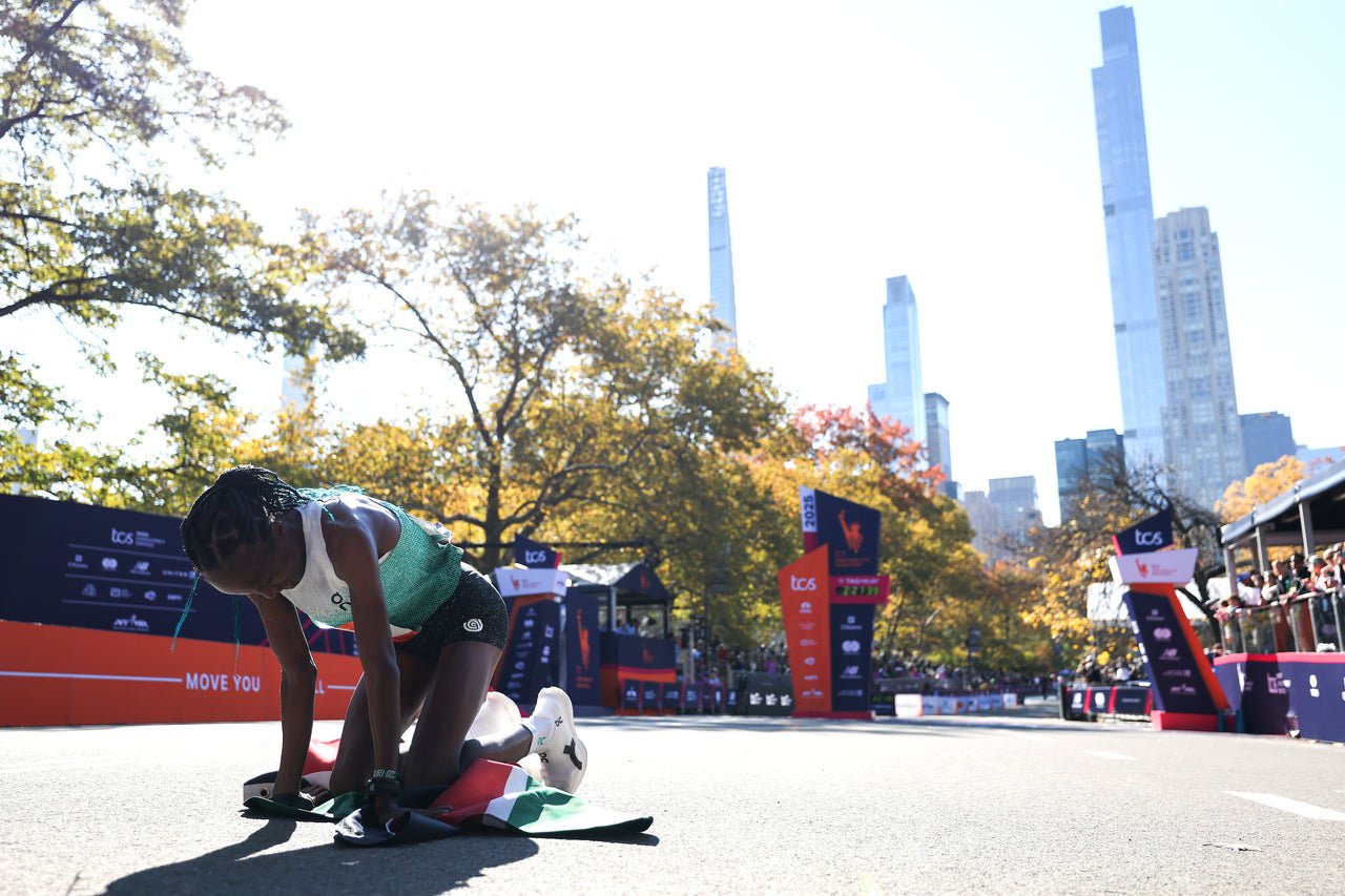 Hellen Obiri of Kenya reacts after winning the women's race at the 2025 TCS New York City Marathon (Getty)