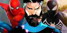 Reed Richards with a beard in Marvel Comics and Tom Holland's Spider-Man suit from the end of Spider-Man: No Way Home and the black suit from Marvel's Spider-Man 2