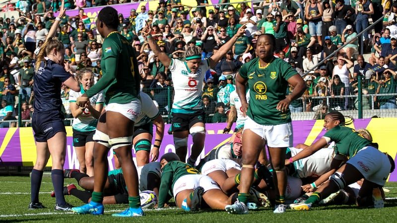 24 October 2026; Ireland captain Erin King and team-mates celebrate after Linda Djougang, hidden, scored her second try before the WXV Global Series match between South Africa and Ireland at Athlone Stadium in Cape Town, South Africa. Photo by Shaun Roy/S