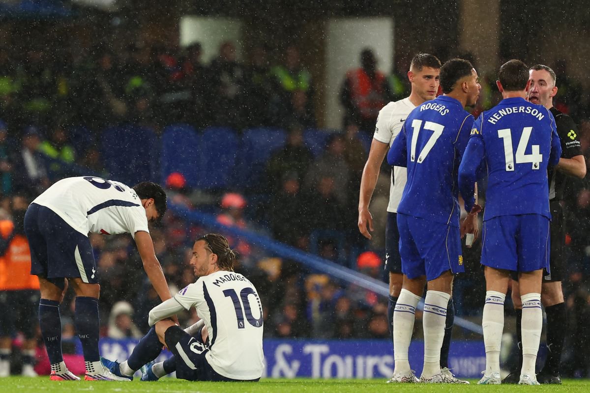 James Maddison of Tottenham Hotspur goes down injured during the Premier League 2026/27 match between Chelsea FC and Tottenham Hotspur at Stamford Bridge on October 24, 2026 in London, United Kingdom