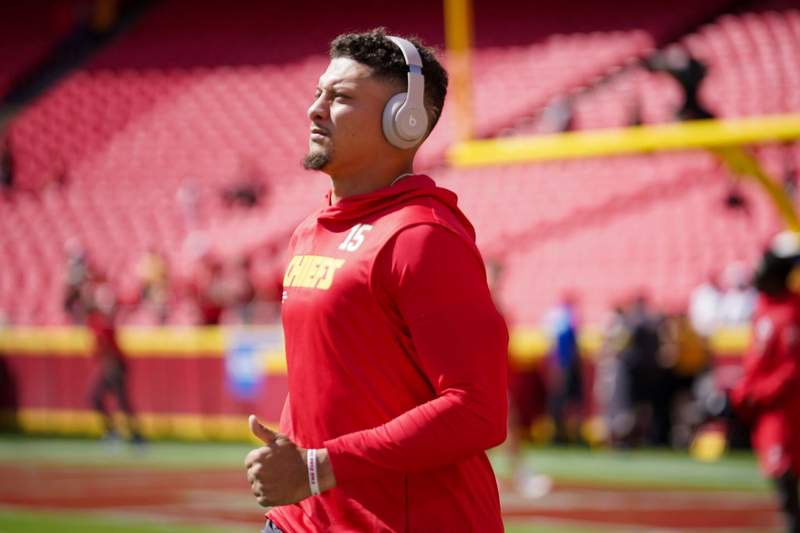 Sep 28, 2025; Kansas City, Missouri, USA; Kansas City Chiefs quarterback Patrick Mahomes (15) warms up against the Baltimore Ravens prior to a game at GEHA Field at Arrowhead Stadium. Mandatory Credit: Denny Medley-Imagn Images