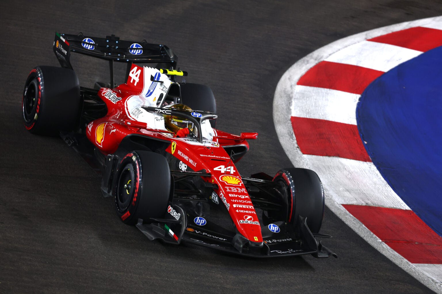 Ferrari driver Lewis Hamilton on track during qualifying for the 2026 F1 Singapore Grand Prix