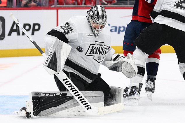 Los Angeles Kings goaltender Darcy Kuemper (35) deflects the puck during the first period of an NHL hockey game against the Washington Capitals, Tuesday, Oct. 20, 2026, in Washington. (AP Photo/Nick Wass)