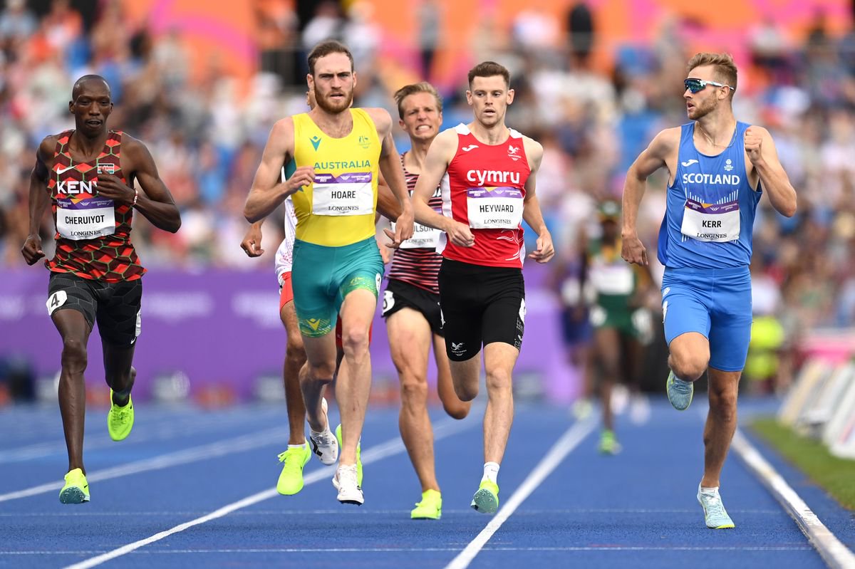 Oliver Hoare of Team Australia and Josh Kerr of Team Scotland compete during the Men's 1500m Round 1 heats on day seven of the Birmingham 2022