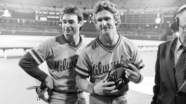 FILE - In this Oct. 12, 1982, file photo, Milwaukee Brewers teammates Paul Molitor, left, and Robin Yount get together after a World Series game in St. Louis. Molitor contributed five hits and Yount chipped in with four hits to beat the Cardinals. (AP Photo/File)
