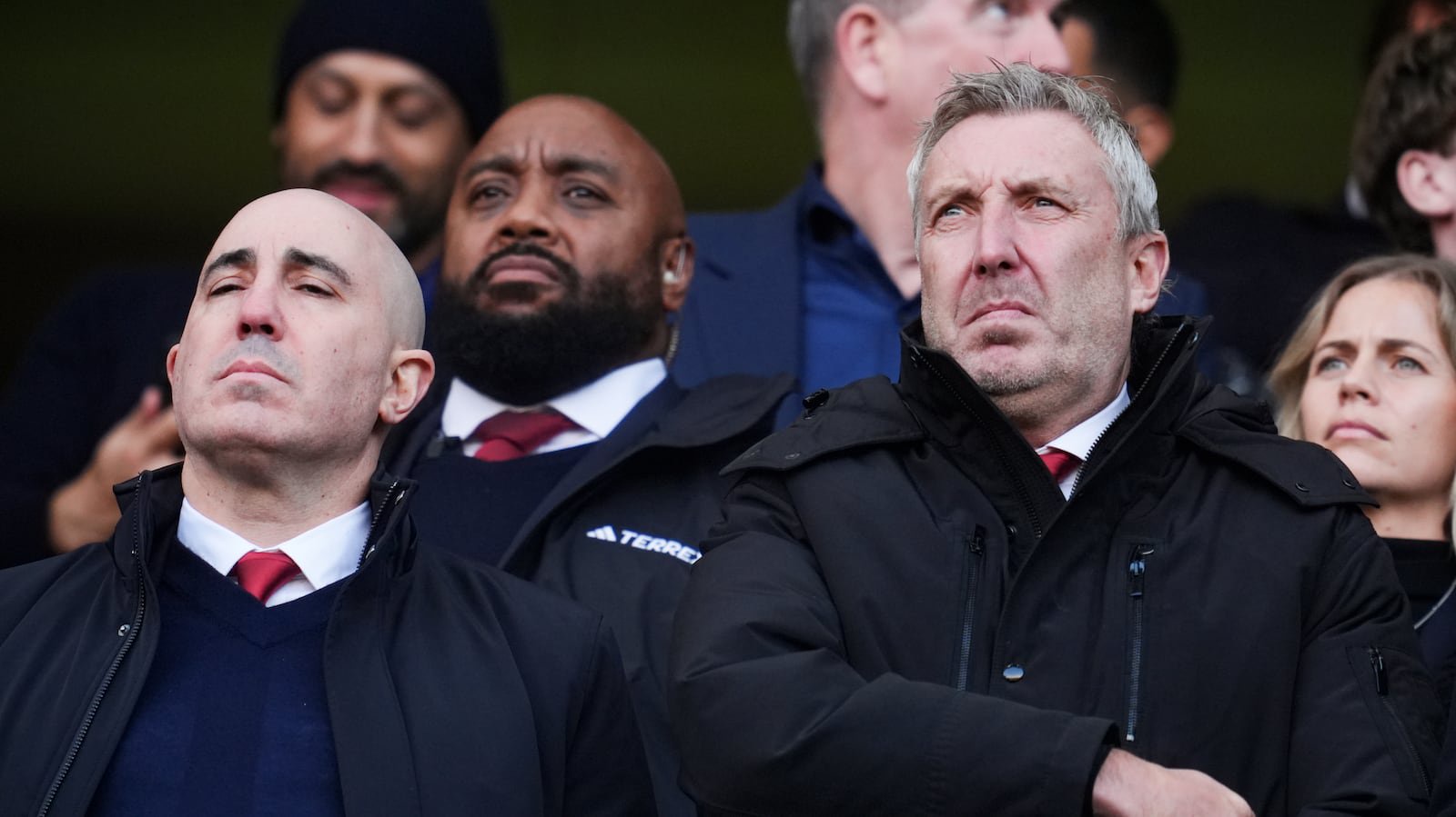 Manchester United chief executive officer Omar Berrada (left) and director of football Jason Wilcox in the stands at Stamford Bridge