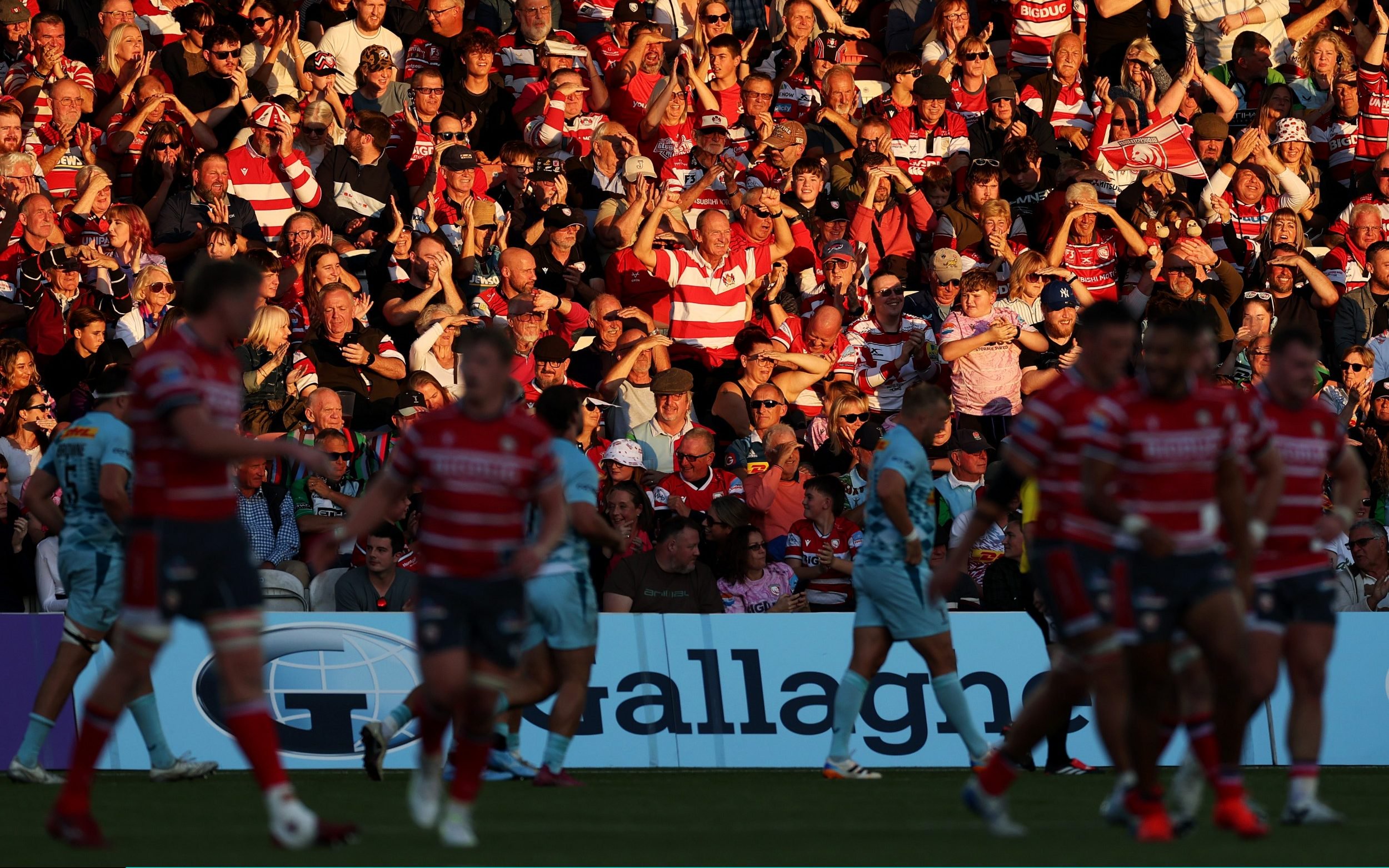 Fans celebrate after Gloucester scored a try during the Gallagher PREM 2026/2027 match between Gloucester Rugby and Harlequins