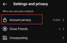 Screenshot from Instagram app Account privacy menu