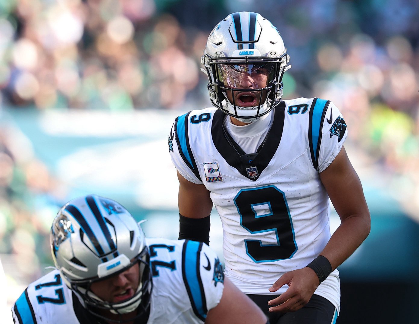 Oct 18, 2026; Philadelphia, Pennsylvania, USA; Carolina Panthers quarterback Bryce Young (9) plays against the Philadelphia Eagles at Lincoln Financial Field. Mandatory Credit: Bill Streicher-Imagn Images