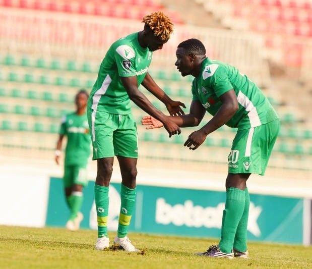 Kenneth Muguna and Ernest Wendo during a past Gor Mahia clash. PHOTO/https://www.facebook.com/mugunakenneth