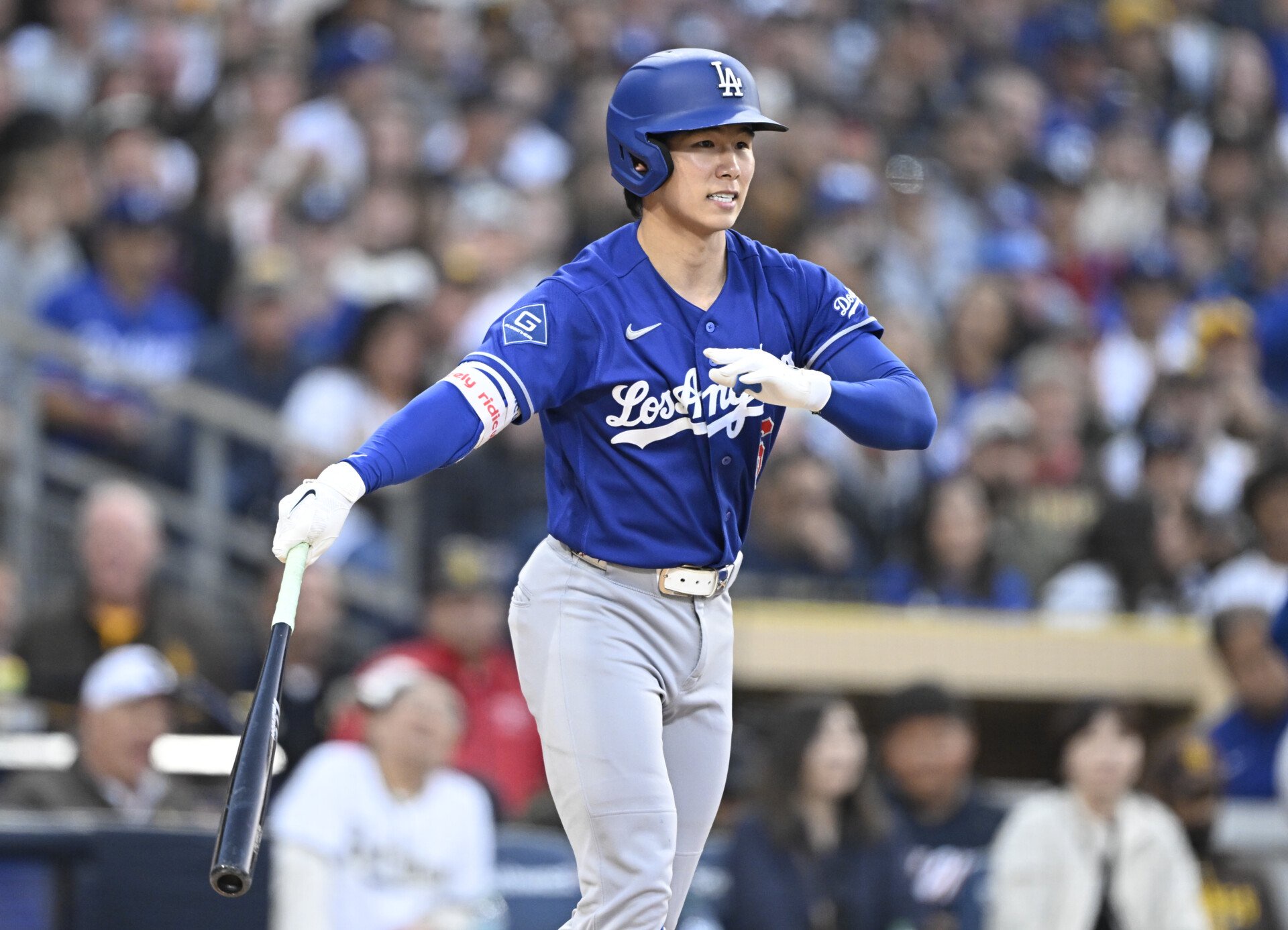 May 18, 2026; San Diego, California, USA; Los Angeles Dodgers shortstop Hyeseong Kim (6) reacts after striking out during the fourth inning against the San Diego Padres at Petco Park. Mandatory Credit: Denis Poroy-Imagn Images
