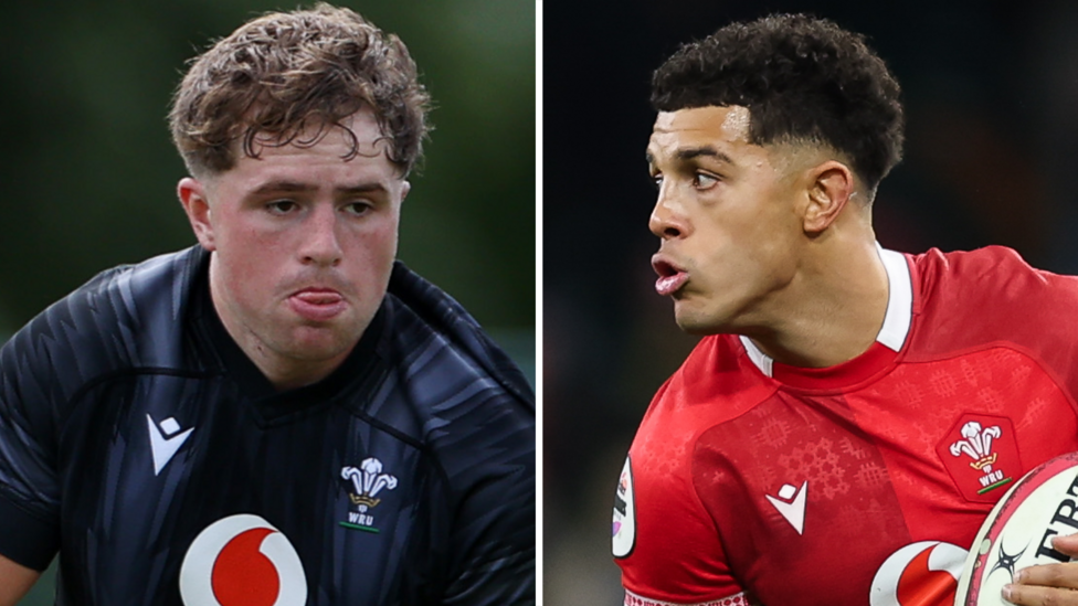 Two separate close-up images of Macs Page in black Wales training shirt and Rio Dyer in red Wales match kit