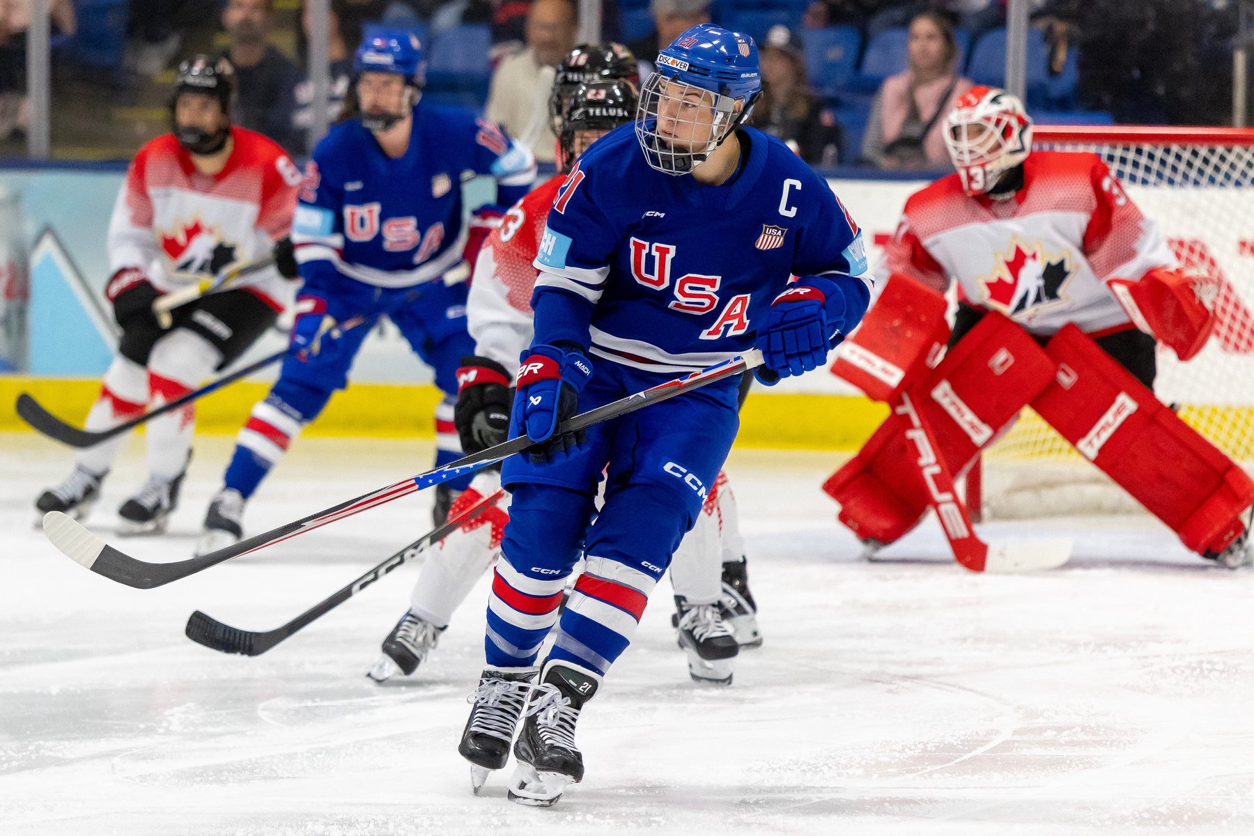 Team USA's Hilary Knight (21) follows the play during the first period of the game against Team Canada.