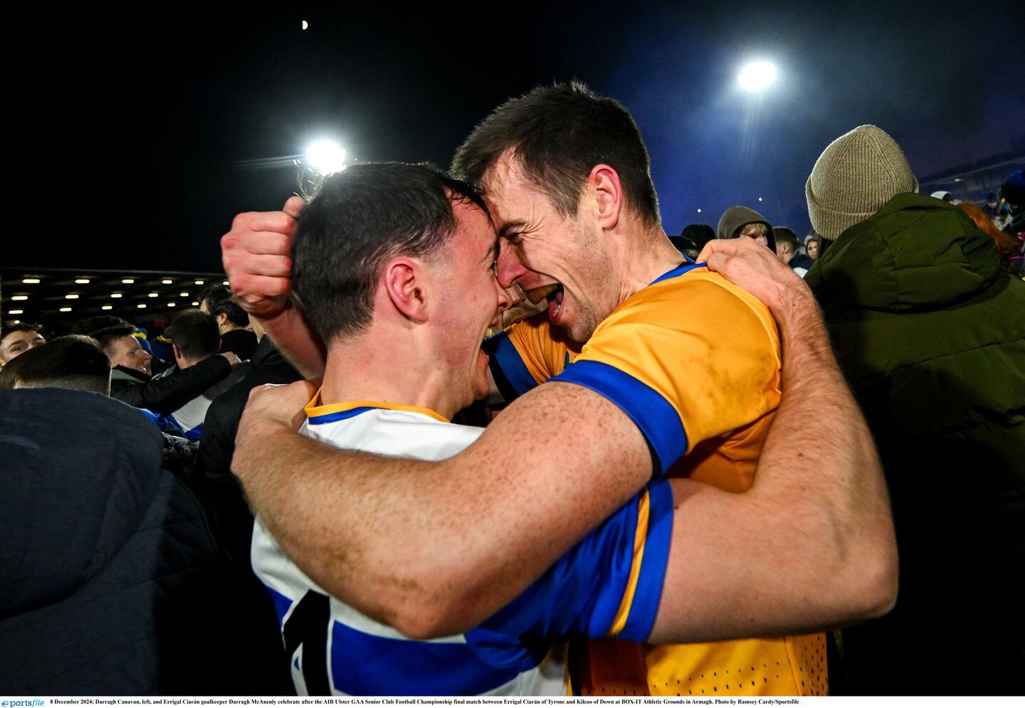 Errigal Ciarán goalkeeper Darragh McAnenly celebrates with captain Darragh Canavan after their Ulster title triumph in Armagh earlier this month. Photo by Ramsey Cardy/Sportsfile