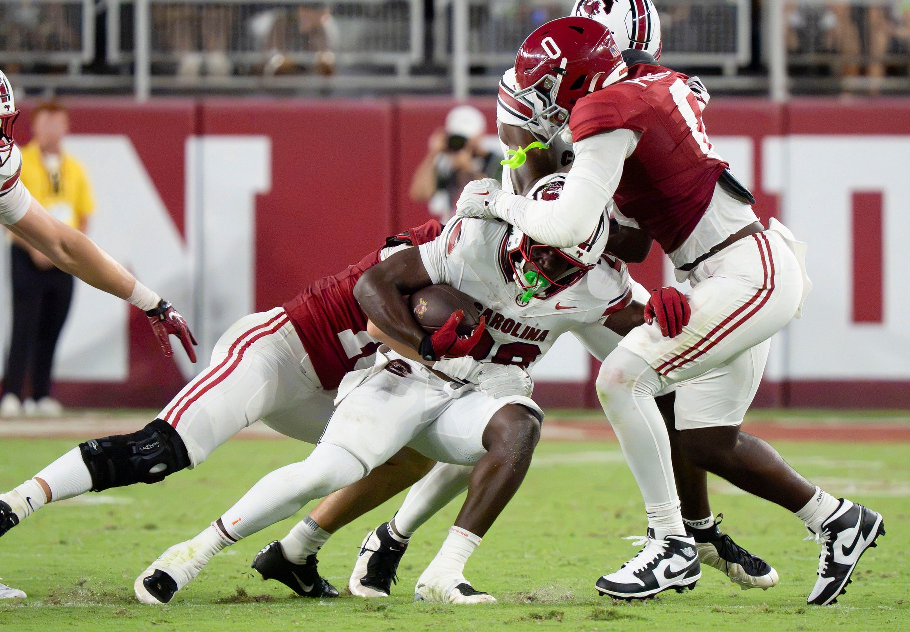 Sep 26, 2026; Tuscaloosa, AL, USA;  Alabama defensive back Bray Hubbard (18) and Alabama linebacker Yhonzae Pierre (0) stop a run by South Carolina running back Matt Fuller (28) at Saban Field at Bryant Denny Stadium. Mandatory Credit: Gary Cosby Jr.-Tuscaloosa News