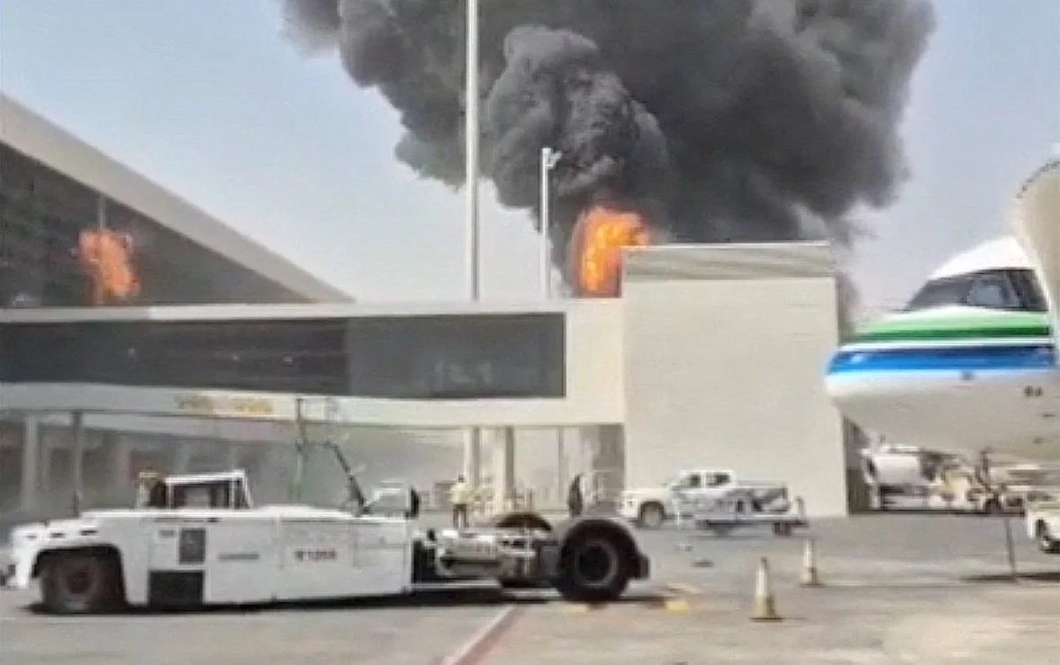 Smoke and flames rise from King Khalid Airport, after Yemen's Iran-backed Houthis said they attacked the airport, in Riyadh, Saudi Arabia, October 8, 2026, in this screengrab obtained from a social media video.