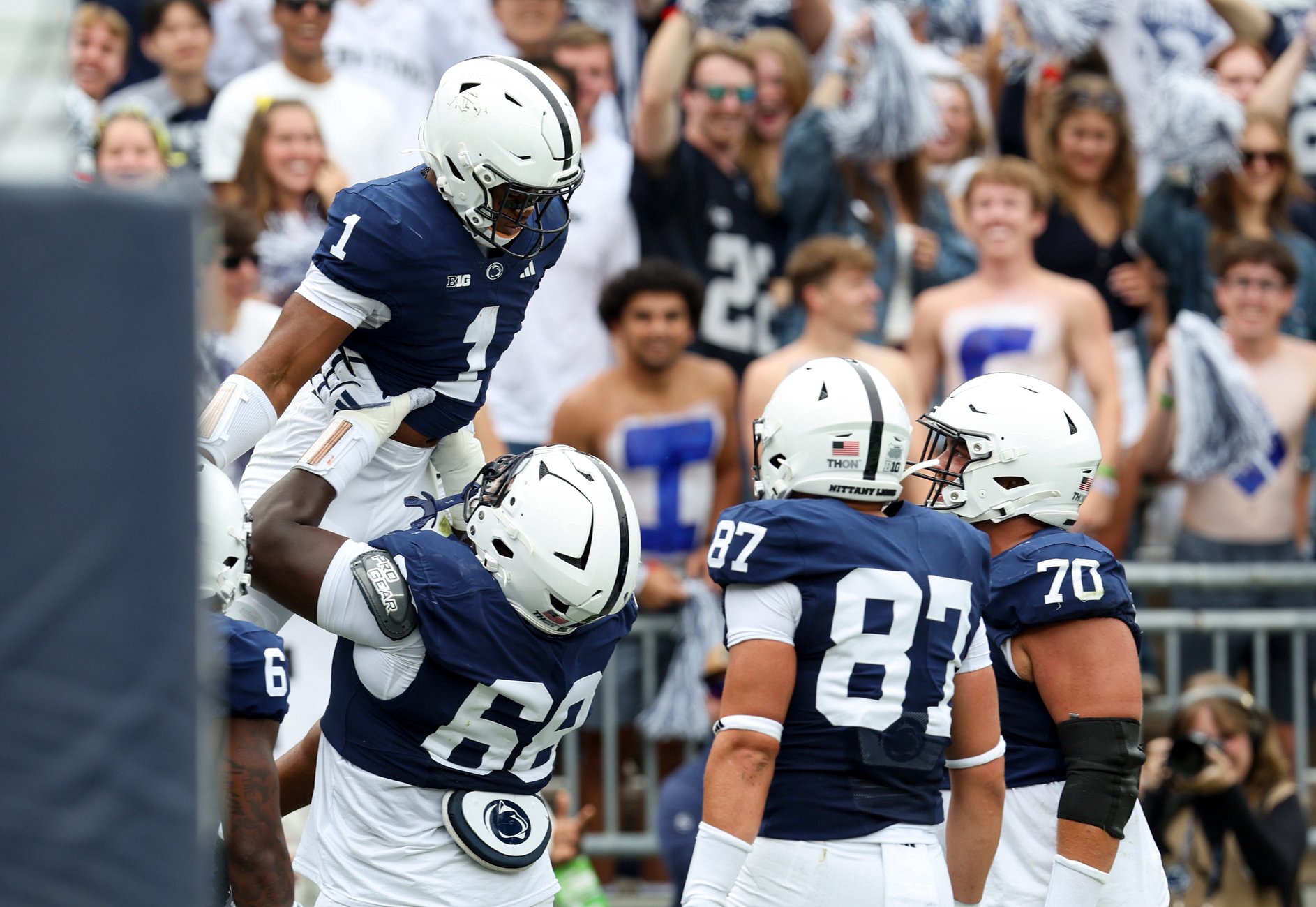Sep 19, 2026; University Park, Pennsylvania, USA;  Penn State Nittany Lions running back James Peoples (1) celebrates with offensive linesman Anthony Donkoh (68) after scoring a touchdown during the first quarter against the Buffalo Bulls at West Shore Home Field at Beaver Stadium.  Mandatory Credit: Matthew O'Haren-Imagn Images