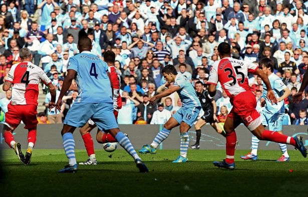 Sergio Aguero scoring Man City's 2011/12 title winning goal
