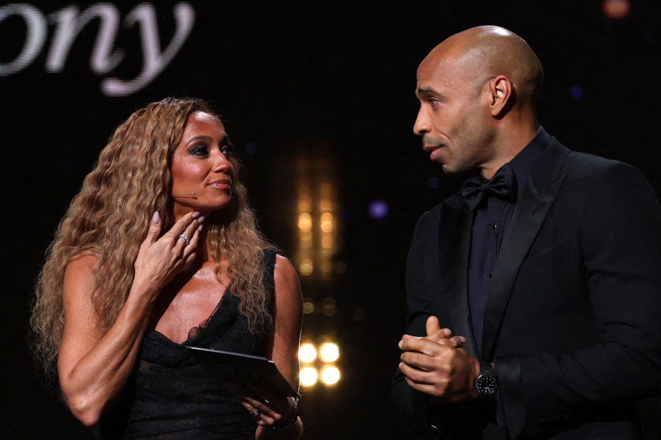 Hosts Kate Scott and Thierry Henry on stage during the Ballon d'Or France Football award ceremony.