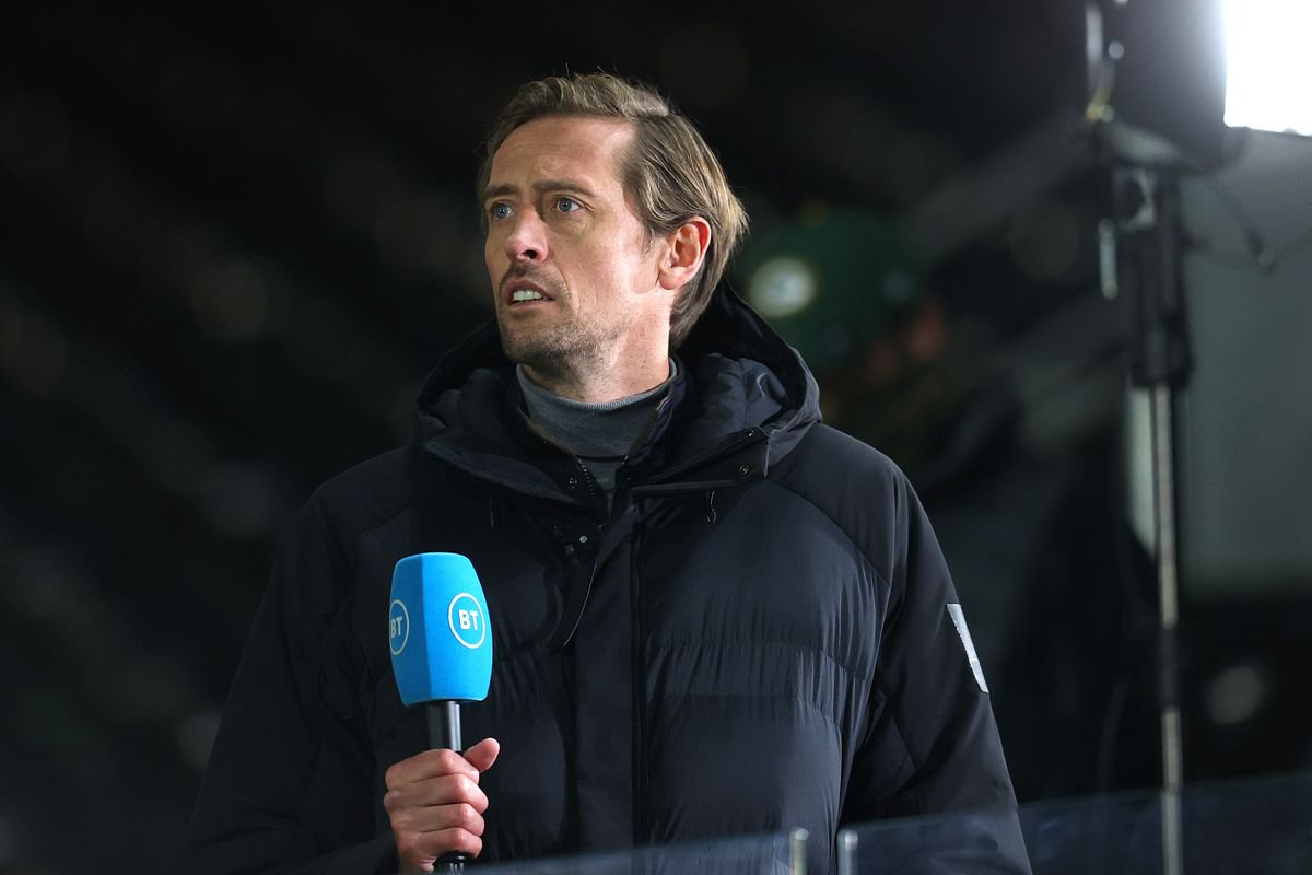 BT Sport pundit Peter Crouch looks on prior to the Premier League match between Fulham and Manchester City at Craven Cottage