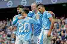 Josko Gvardiol, Bernardo Silva, Erling Haaland and Rodri of Manchester City celebrate 2nd goal during the Premier League match between Manchester C...