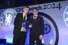Cole Palmer of Chelsea with his award for Chelsea Players' Player of the Year, presented by Conor Gallagher during the Chelsea FC 2024 Awards night...