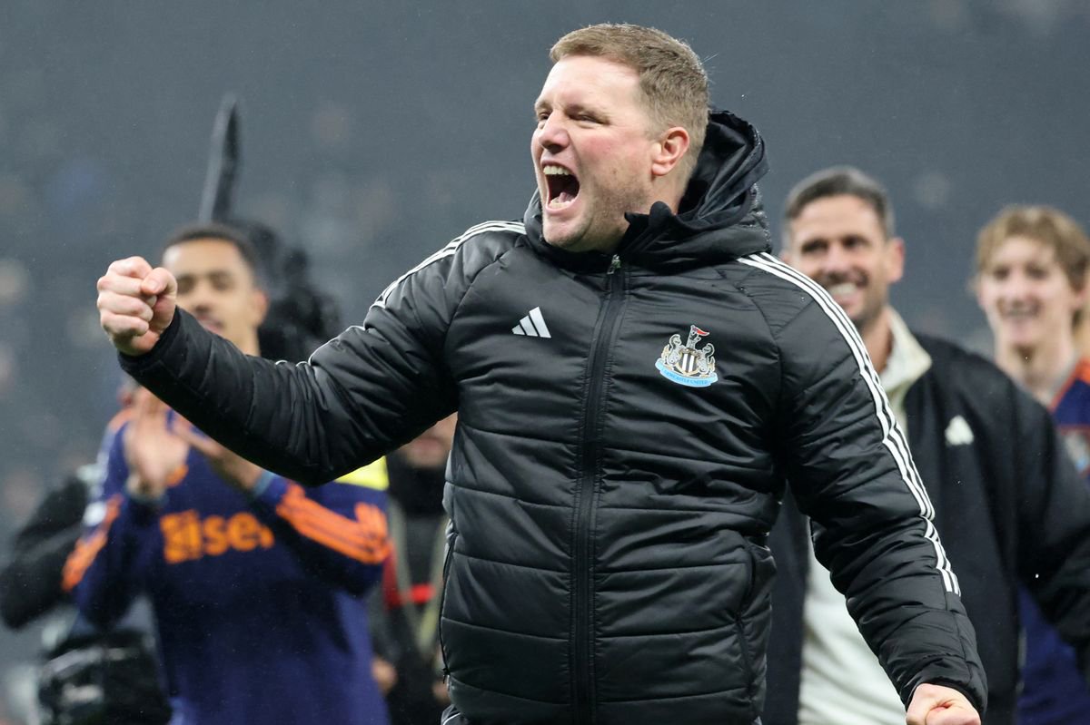 Eddie Howe celebrates a win at Tottenham in 2026