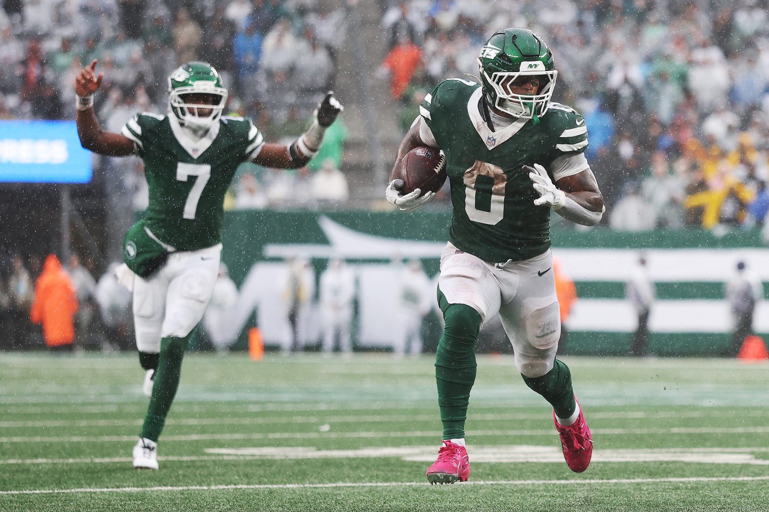 Braelon Allen #0 and Geno Smith #7, New York Jets (Photo by Sarah Stier/Getty Images)
