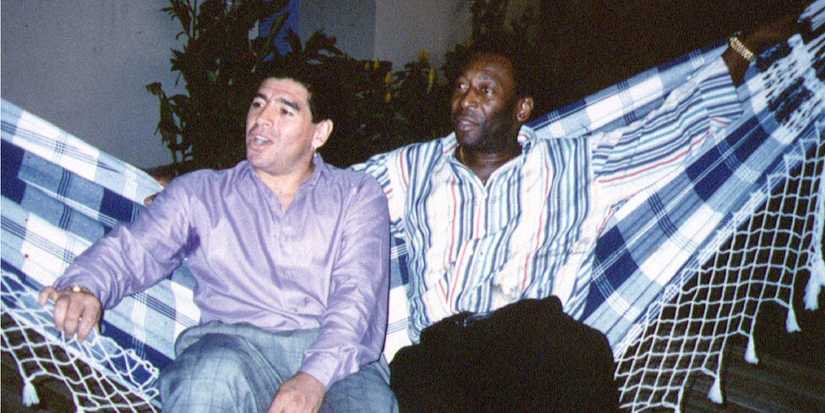 Argentina icon Diego Maradona and Brazilian legend Pele sharing a hammock