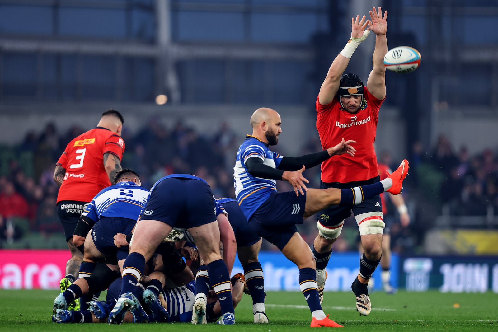 Munster's Gavin Coombes attempts to block a kick from Leinster's Jamison Gibson-Park during the Saturday derby fixture at the Aviva Stadium. Photograph: Ben Brady/Inpho