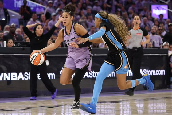 Veronica Burton of the Golden State Valkyries drives to the basket against Jordin Canada of the Atlanta Dream in game five of the WNBA Finals on Oct. 26, 2026 in San Francisco.