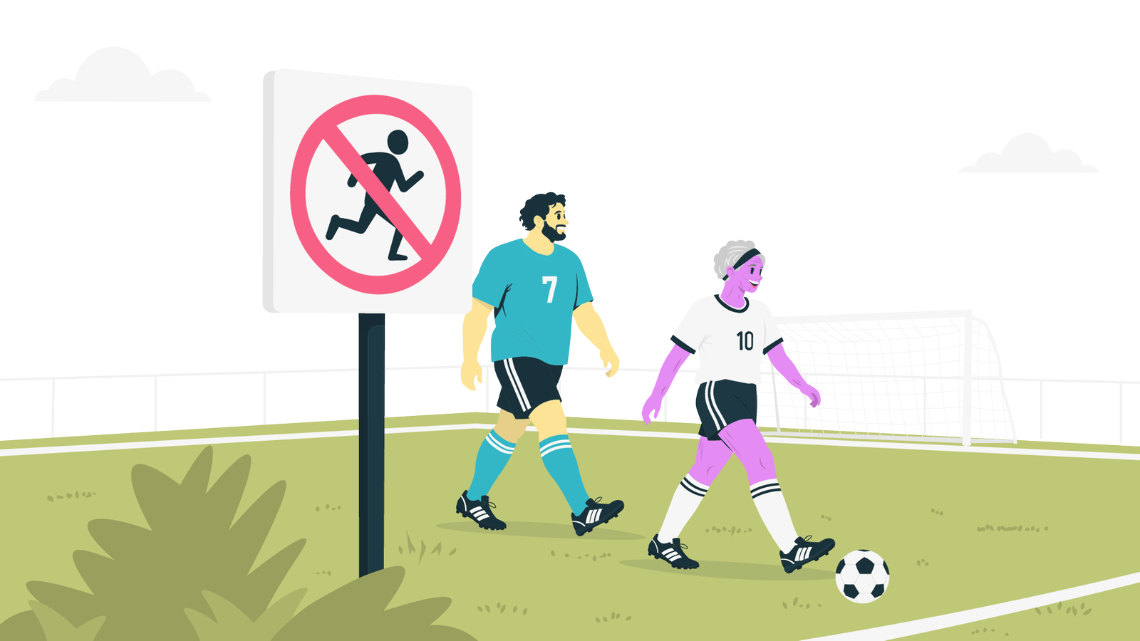 Eine ältere Dame und ein etwas breiterer Herr mit Bart gehen einem Ball hinterher. An der Seite ist ein Schild, wo eine rennende Person durchgestrichen ist. 