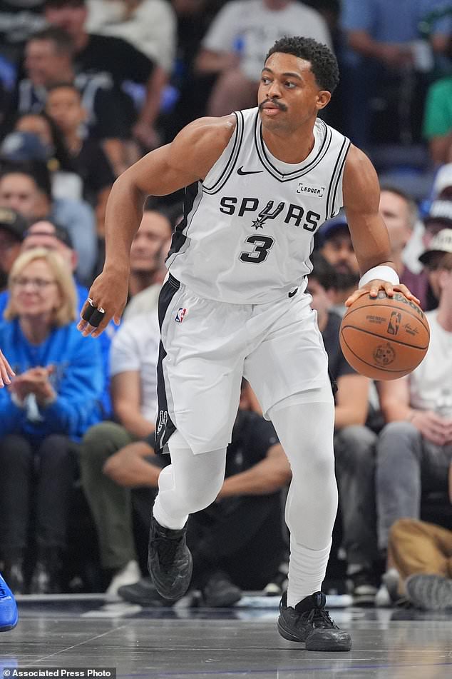 San Antonio Spurs forward Keldon Johnson works the floor against the Dallas Mavericks during the first half of an NBA basketball game Saturday, Oct. 24, 2026, in Dallas. (AP Photo/Julio Cortez)