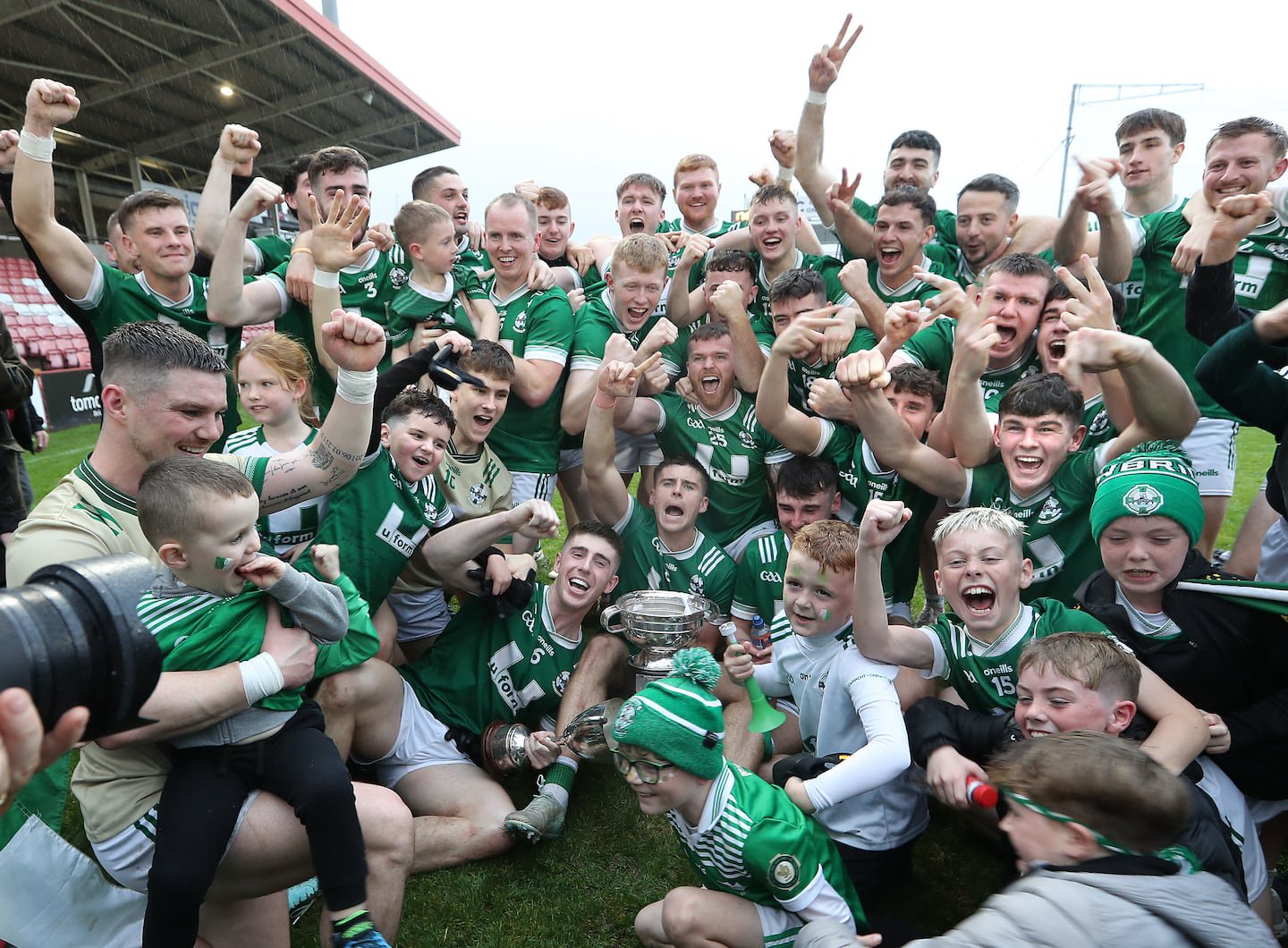 Newbridge celebrate after beating Magherafelt during the Derry Senior Football Championship final played at Celtic Park, Derry on 19th of October 2025